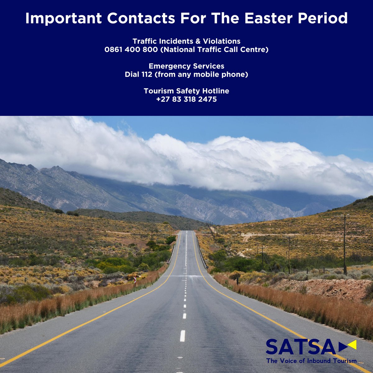 SATSA (@satsa_sa) on Twitter photo Travelling this Easter? The <a href="/Dotransport/">Department of Transport</a> #ItBeginsWithMe campaign urges safe travel:
ā¢ā ā Avoid night driving
ā¢ā ā Take breaks
ā¢ā ā Slow down
ā¢ā ā Keep safe distance
š Traffic: 0861 400 800
š Emergencies: 112
š Tourism Safety Hotline: +27 83 318 2475 Travelling this Easter? The <a href="/Dotransport/">Department of Transport</a> #ItBeginsWithMe campaign urges safe travel:
ā¢ā ā Avoid night driving
ā¢ā ā Take breaks
ā¢ā ā Slow down
ā¢ā ā Keep safe distance
š Traffic: 0861 400 800
š Emergencies: 112
š Tourism Safety Hotline: +27 83 318 2475