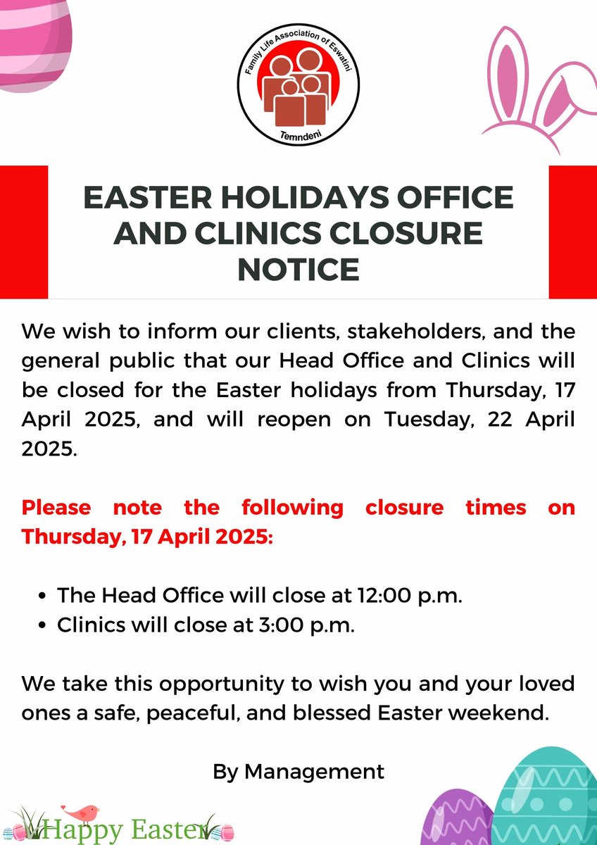 Please note that our Head Office and Clinics will close for the Easter holidays from Thursday, 17 April 2025, and reopen on Tuesday, 22 April 2025.
Wishing you a safe and blessed Easter weekend!