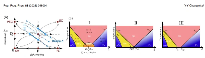 Illustration taken from the open access article showing Figure 3. (a) Plot of the RG flow for the Heisenberg and hopping terms. Paths I, II, III in (a) indicate the three types of phase diagram that
can be accessed from the RG equations. (b): three possible distinct types of phase diagrams (I, II, III) corresponding to paths (I, II, III) from
the RG flow diagram in (a). TN, T
∗
, and TFL denote the temperature crossovers for the anti-ferromagnetic order, pseudogap, and FL states,
respectively. In (b)-I, δc and δc2 represent the critical points associated respectively with PSG-SM and SM-FL transitions once
superconductivity is suppressed.
