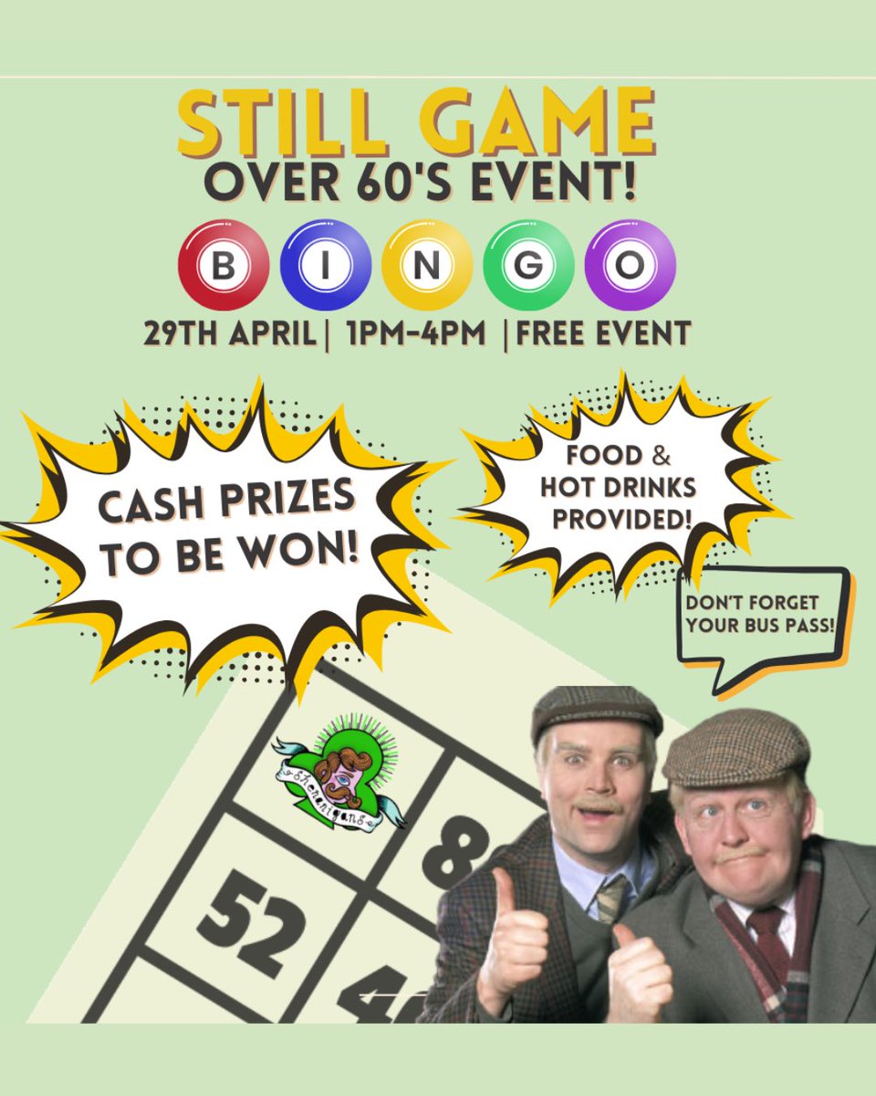 ✨FREE✨
STILL GAME Over 60’s Event
🔴BINGO🔴

🗓29th April 2025
🕐1-4pm

🎁Cash Prizes to be won 

🥪☕Food &amp; Hot Drinks provided

💺To RESERVE your FREE seat book here via the link or give us a call.
📲shenanigansliverpool.co.uk/contact
☎️01512550000