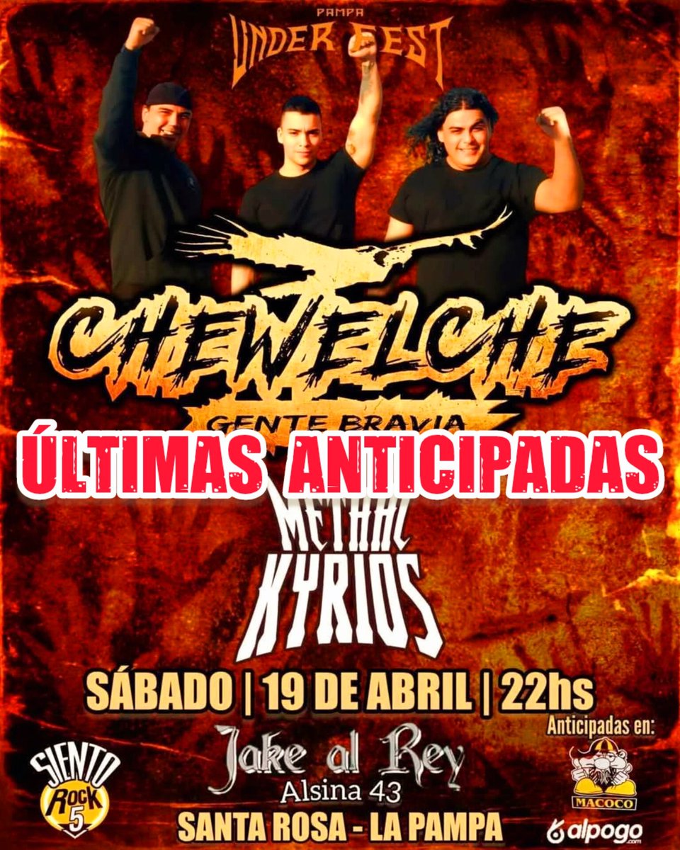 ♦️PRÓXIMO SÁBADO 19 DE ABRIL ♦️
#Chewelche en VIVO en SANTA ROSA - LA PAMPA - 22HS (PUNTUAL)🤘👊
----------'------------------'-----
🎟ÚLTIMAS ANTICIPADAS👇
 MACOCO ROCK (Pellegrini esquina Quintana - Santa Rosa)
Oscar Alcaraz 2954 64-1397
Organiza Pampa Under Fest!!
<a href="/destacar/">ISABEL FERNANDEZ AR</a>