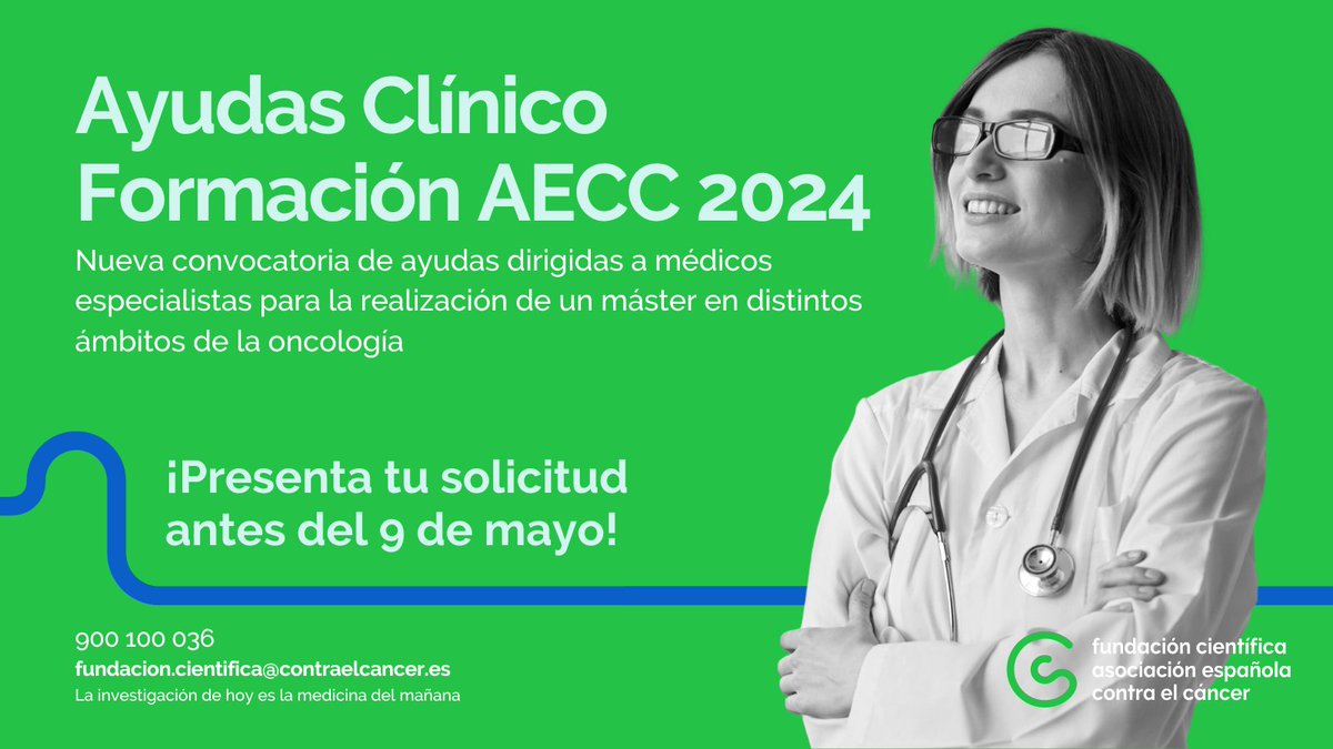 💉¡Si eres médico, no pierdas la oportunidad de ampliar tu formación en cáncer! Tienes hasta el jueves 9 de mayo a las 15h para solicitar la convocatoria de Ayudas Clínico Formación 2024.  #InvestigandoEnCáncer

Más info en contraelcancer.es/es/area-invest…