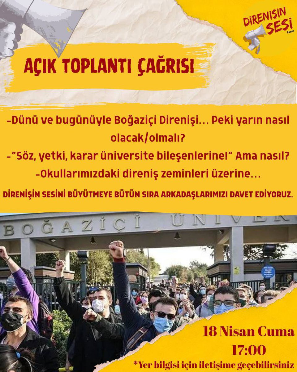 Açık Toplantı Çağrısı /

Direnişin sesini büyütmeye bütün sıra arkadaşlarımızı bekliyoruz.

📅: 18 Nisan Cuma
🕣: 17:00
📍: Hisarüstü
*Detaylı konum bilgisi için iletişime geçebilirsiniz.