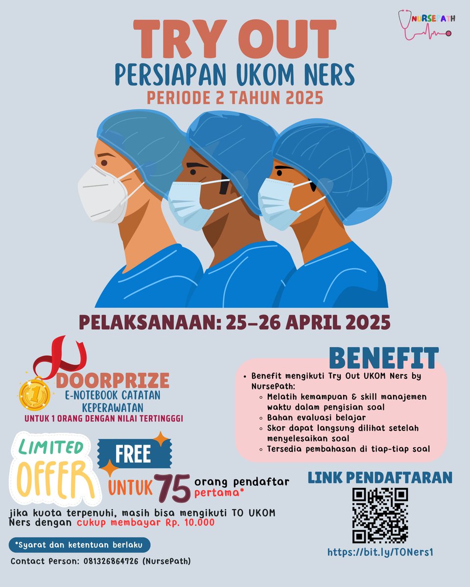 studydeee's tweet image. Halo guys! NursePath lagi mau ada Try Out UKOM Ners nih! FREE buat 75 orang pertama yaaaa!!
Link pendaftaran: bit.ly/TONers1
Jangan lupa like, sama rt tweet ini yaa!