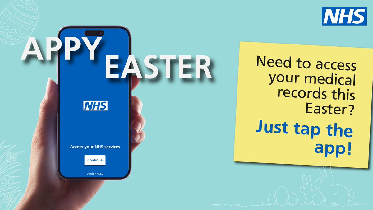 #AppyEaster | This #Easter, use the NHS App to access your GP health record.
 
During your next visit to the GP surgery, ask at reception to find out more.
 
Just tap the app!
 
nhs.uk/nhs-app/