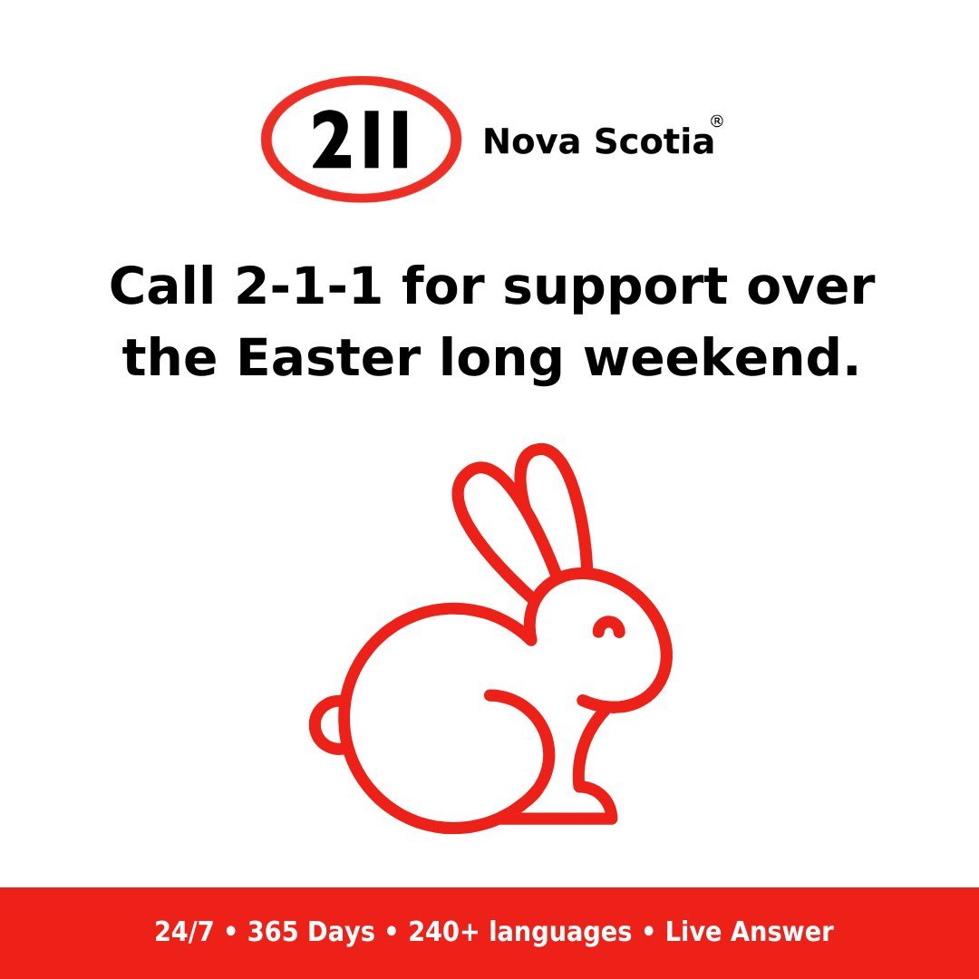 211NS's tweet photo. We're here for you this Easter long weekend. π°
Whether you need help finding food, housing, health services, or need to connect β 211 Nova Scotia is available 24/7.
Call 2-1-1 or 1-855-466-4994
#EasterWeekend #211NovaScotia #AlwaysOpen #SupportWhenYouNeedIt https://t.co/TGDz4ALoo1
