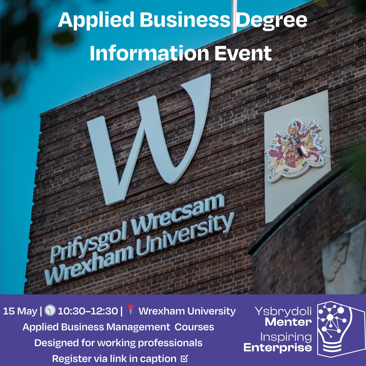 🎓 Applied Business Degree Info Event
📅 15 May | 🕥 10:30 AM | 📍 Wrexham Uni – Plas Coch
☕ Refreshments included

✅ Learn while you work
✅ Build real-world business skills

🔗 Register: loom.ly/3l9TmaA

#Upskill #BusinessDegree #WrexhamUniversity