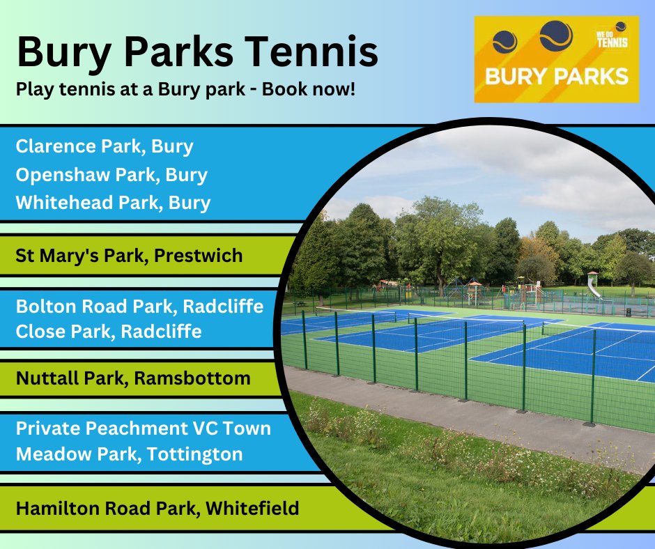 Tennis season is here😁🎾

Play tennis at one of our fantastic Bury parks tennis courts🌳

Find and book a court:
👉ow.ly/Msqz50Vlv3S
#BuryParks #Tennis