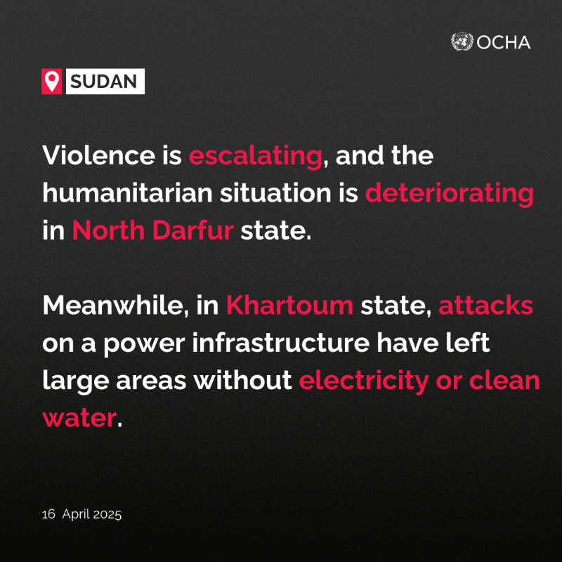 UNOCHA_Sudan's tweet photo. 🚨 Alarming violence in and around Al Fasher, North Darfur.

Horrific reports from Zamzam camp — civilians blocked from leaving, homes burned &amp; survivors speaking of killings &amp; sexual violence.

We again call on all parties to protect civilians &amp; facilitate humanitarian access.