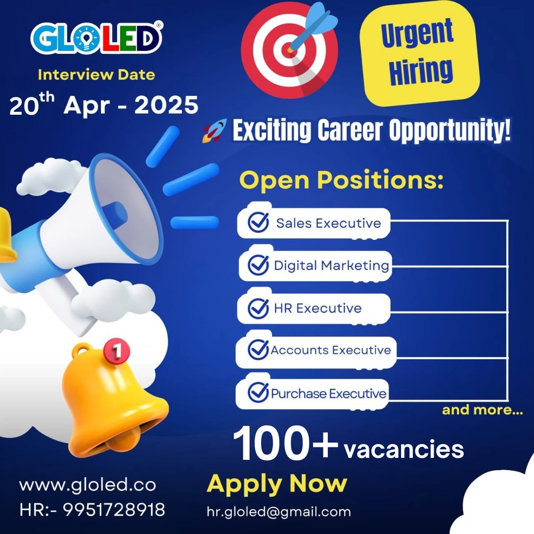 🚨 We’re Hiring at GLO LED Pvt. Ltd.! 🚨
Are you—or someone you know—looking for an exciting new opportunity? 💡✨
📅 Hiring Date: 20th April 2025 (Sunday)
📍 Interview Venue:
GLO LED Pvt. Ltd.
5-5-35/121, Prashanthi Nagar, Kukatpally, Hyderabad, Telangana – 500072