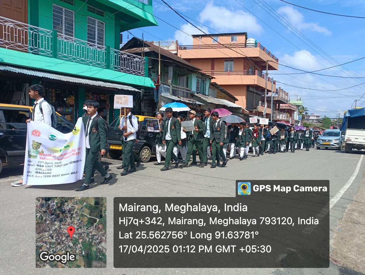 TSMCMairang's tweet photo. NSS Volunteers of Tirot Sing Memorial College Mairang conducted a Rally against Tobacco on the occasion of WNTD25. 115 students participated in the rally the 17th April, 2025 from college campus via Pyndeumiong market place.
#ToFEI
#WNTD25
#TobaccoFree
@nss_rdguwahati
@CellNehu https://t.co/hl01t6XuJB
