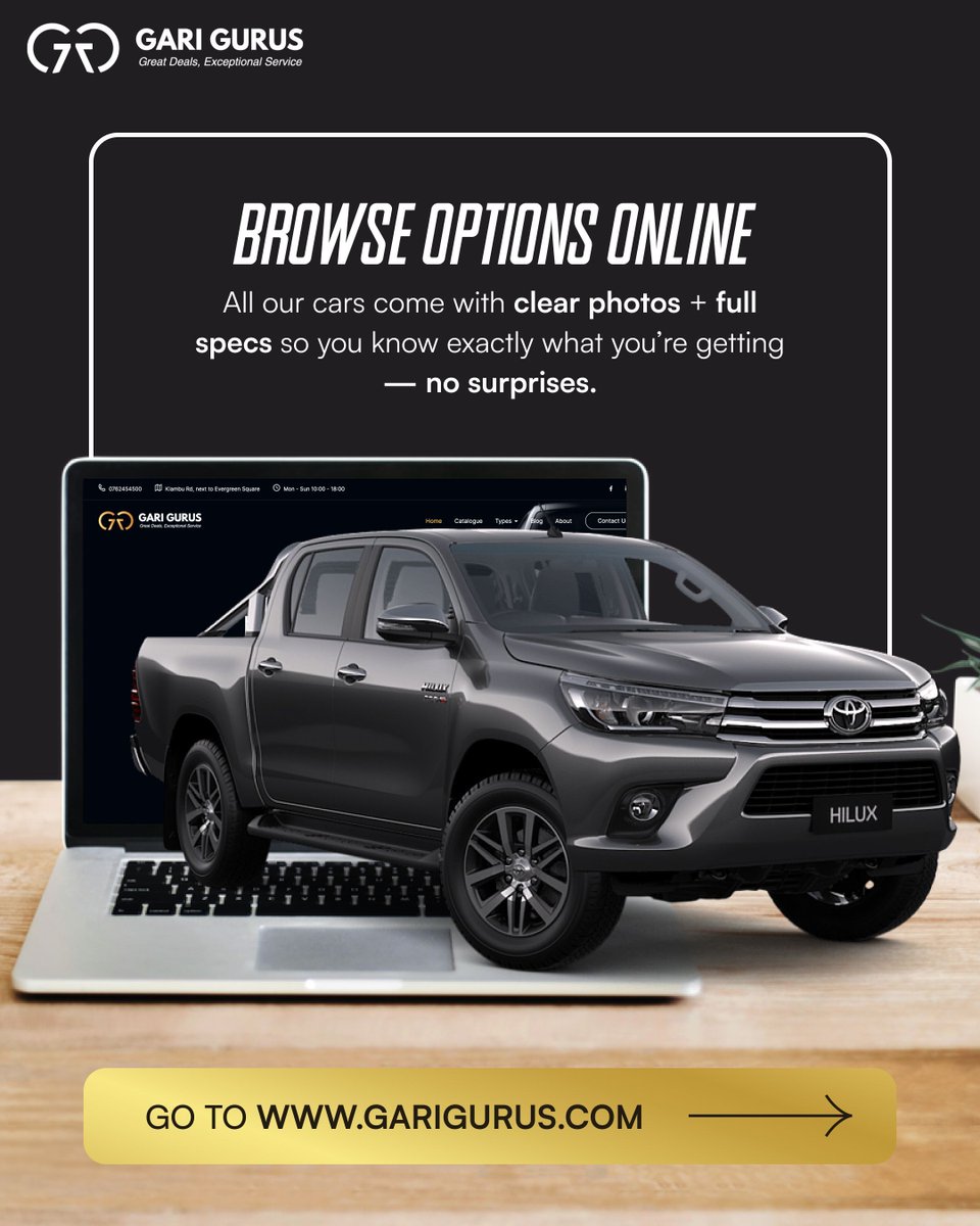 See it before you seal it!
All our cars come with clear photos + full specs so you know exactly what you’re getting — no surprises.

Browse anytime, anywhere on our website.
Your next ride is just a click away!

#GariGurus #CarDealsKenya #NairobiCars #UsedCarsKE