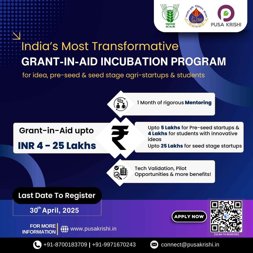🌾 Building something big in agri-tech? Let’s grow it together!
 Apply for the UPJA &amp; ARISE Incubation Programs and turn your idea into a funded reality.

 👉 Apply now: lnkd.in/d6RsuTKJ

#AgriInnovation #PusaKrishi #StartupIndia #FundingOpportunity #AgriTech #UPJA #ARISE