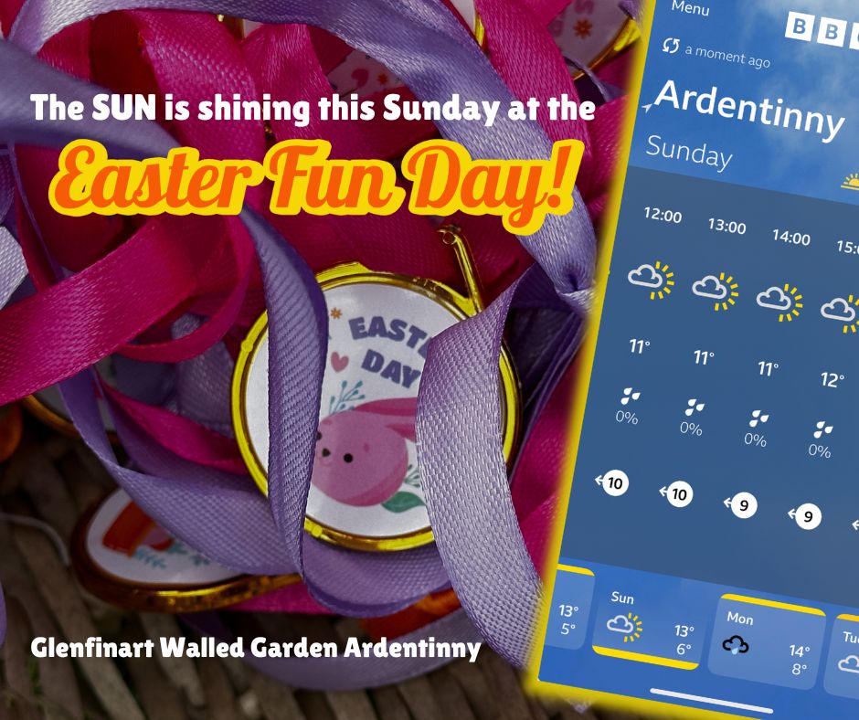 The sun is (almost!) guaranteed at this weekend's Easter Fun Day at Glenfinart Walled Garden, Ardentinny. The full day of family fun starts at NOON on SUNDAY (20 April) with the EASTER EGG HUNT, so come early! 

...and remember, it's FREE ENTRY!