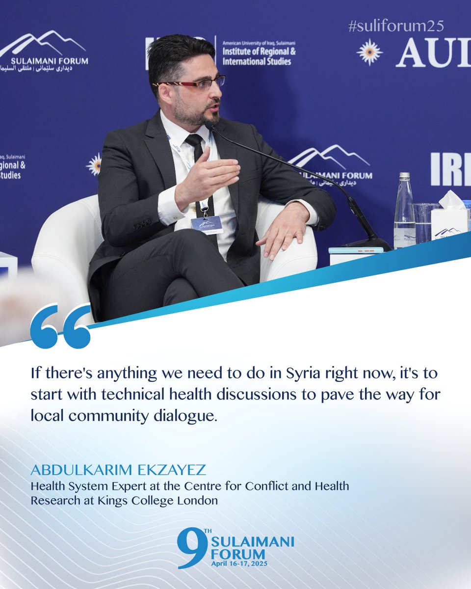 American University of Iraq, Sulaimani (AUIS) (@auisofficial) on Twitter photo Dr. <a href="/kareemekzayez/">Abdulkarim Ekzayez</a>, Health System Expert at the Centre for Conflict and Health Research at <a href="/KingsCollegeLon/">King's College London</a>, at the 9th #suliforum25.
#AUIS #IRIS #suliforum25 Dr. <a href="/kareemekzayez/">Abdulkarim Ekzayez</a>, Health System Expert at the Centre for Conflict and Health Research at <a href="/KingsCollegeLon/">King's College London</a>, at the 9th #suliforum25.
#AUIS #IRIS #suliforum25