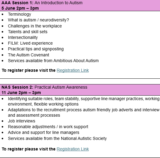Join 2 FREE sessions with <a href="/AmbitiousAutism/">Ambitious about Autism</a> &amp; <a href="/Autism/">National Autistic Society</a> this June.

🗓️ 5 &amp; 11 June |⏰ 2–3PM

🖇️Register Today!

AAA (5 June): events.teams.microsoft.com/event/57171544…

NAS (11 June): events.teams.microsoft.com/event/bd02b930…

#AutismInclusion #Neurodiversity #InclusiveWorkplace #NeurodiversityAtWork #AutismAwareness