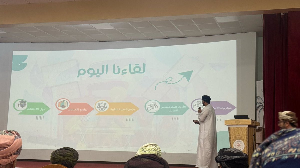 حضور الأستاذ / محمد بن سالم  الحضري المكلف بأعمال التوجيه المهني بالمعهد في لقاء التوعية بمستجدات القبول في محافظة ظفار، الخميس الموافق ١٧ ابريل ٢٠٢٥، وذلك في مسرح مدرسة منبع الحكمة.