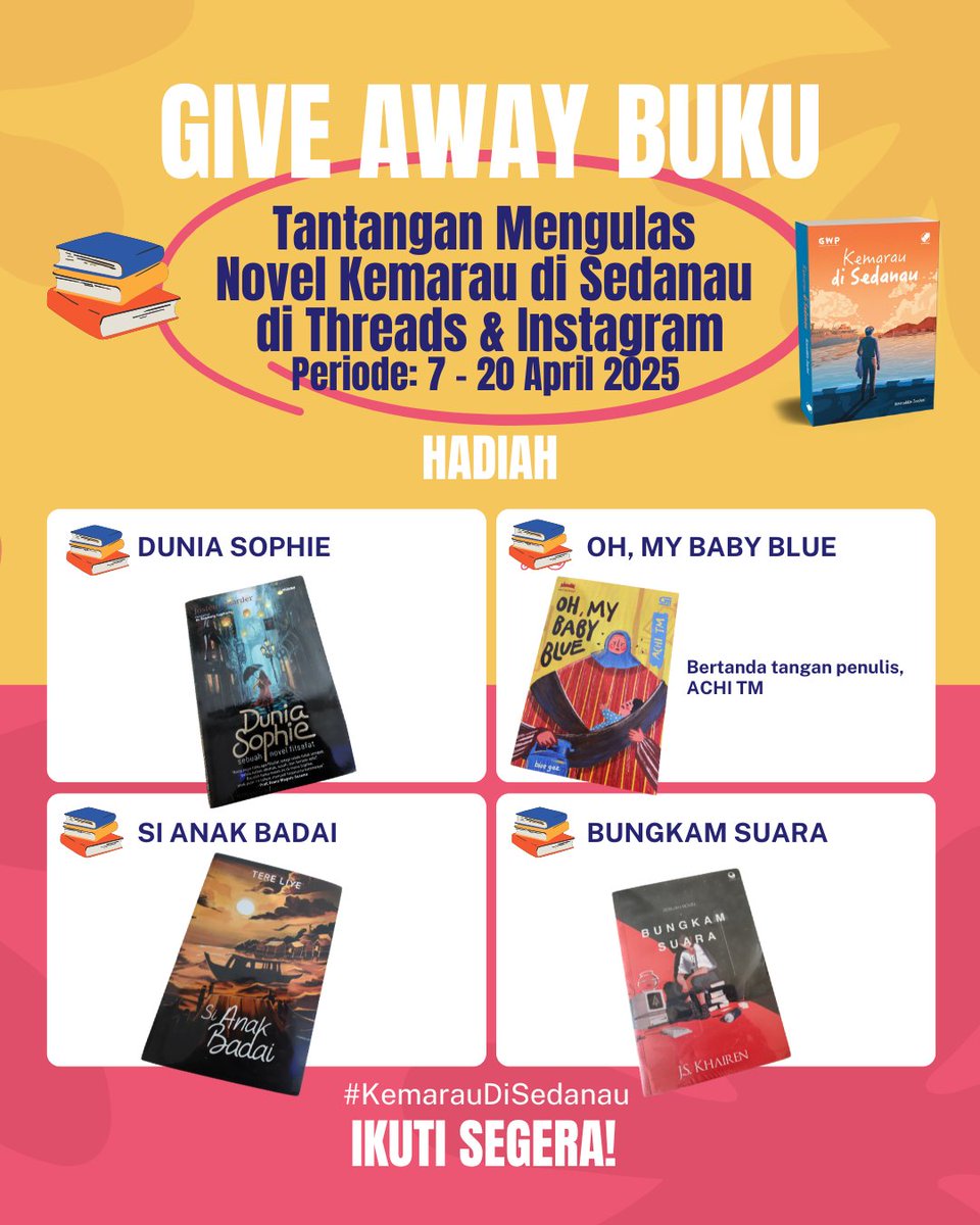 Asroruddin Zoechni (@asroruddin) on Twitter photo GIVE AWAY BUKU
Menghitung hari ni teman-teman. Segera ikuti tantangan ini dan dapatkan hadiah menariknya! Cc <a href="/litbase/">Litbase</a> <a href="/goodreads/">Goodreads</a> <a href="/GWP_ID/">GWP</a> <a href="/BIPGramedia/">BIP Gramedia</a> <a href="/nytimesbooks/">New York Times Books</a> <a href="/BloomsburyBooks/">Bloomsbury Books UK</a> GIVE AWAY BUKU
Menghitung hari ni teman-teman. Segera ikuti tantangan ini dan dapatkan hadiah menariknya! Cc <a href="/litbase/">Litbase</a> <a href="/goodreads/">Goodreads</a> <a href="/GWP_ID/">GWP</a> <a href="/BIPGramedia/">BIP Gramedia</a> <a href="/nytimesbooks/">New York Times Books</a> <a href="/BloomsburyBooks/">Bloomsbury Books UK</a>