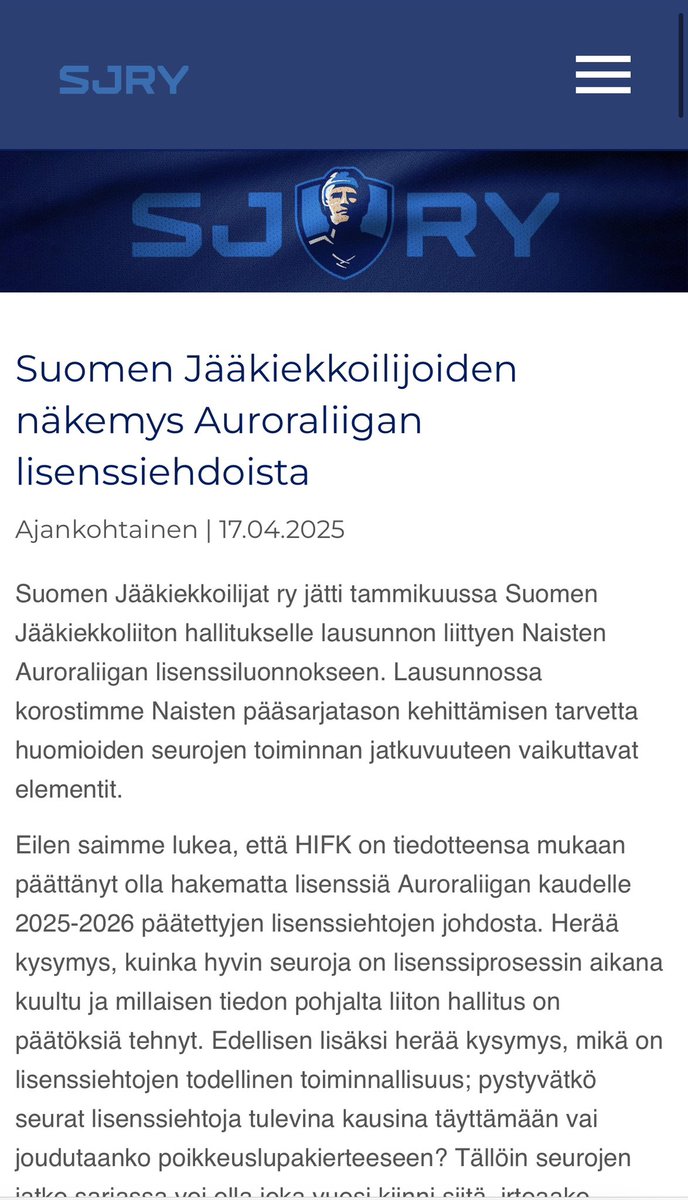 Suomen Jääkiekkoilijoiden näkemys Auroraliigan lisenssiehdoista: sjry.fi/uutiset/suomen…