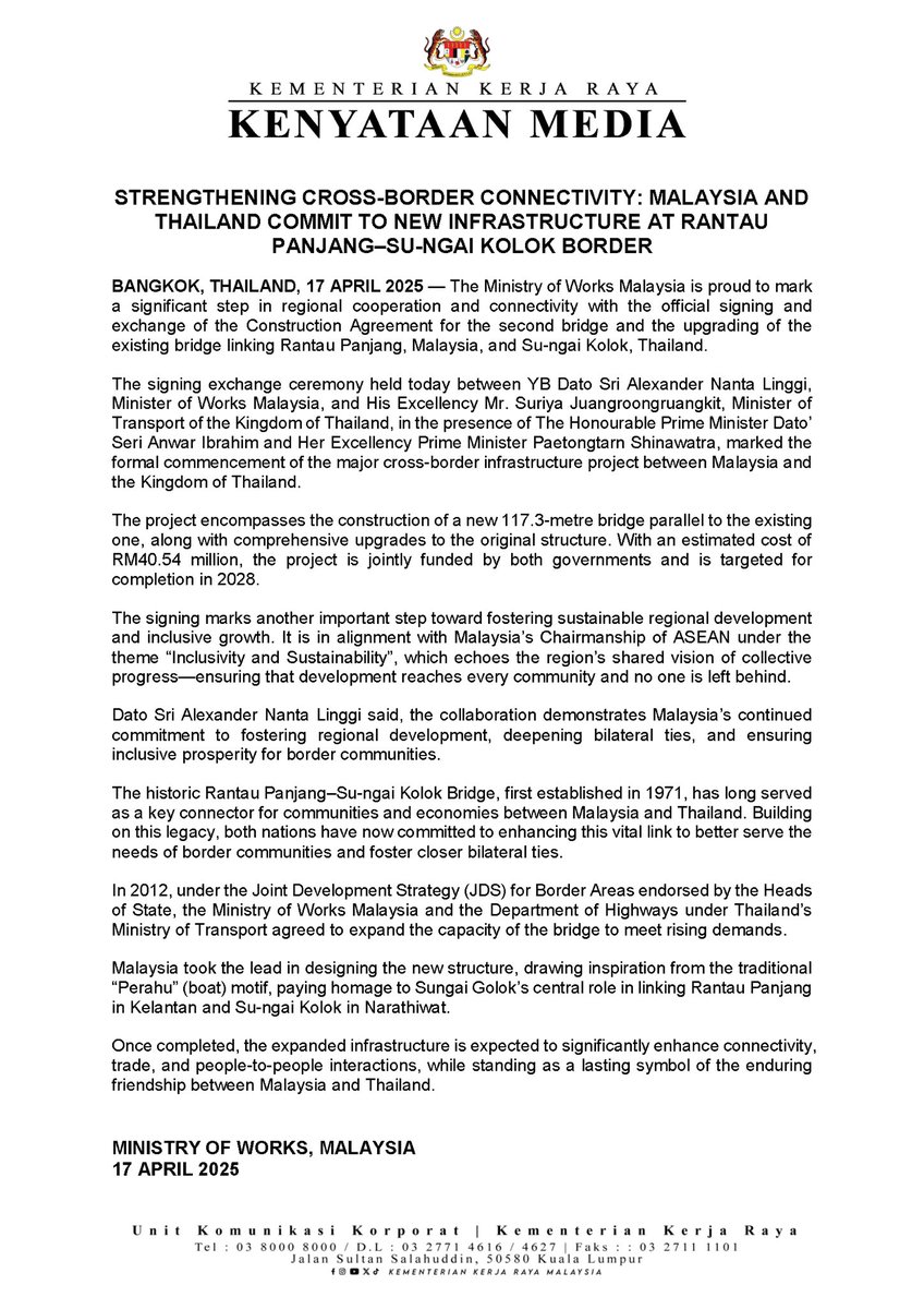moworksmy's tweet photo. STRENGTHENING CROSS-BORDER CONNECTIVITY: MALAYSIA AND THAILAND COMMIT TO NEW INFRASTRUCTURE AT RANTAU PANJANG - SU-NGAI KOLOK BORDER PRESS RELEASE

#kearahkesejahteraanrakyat 
#MadaniBekerja 
#malaysiamadani
#MYAsean https://t.co/p5ku3z3QjF
