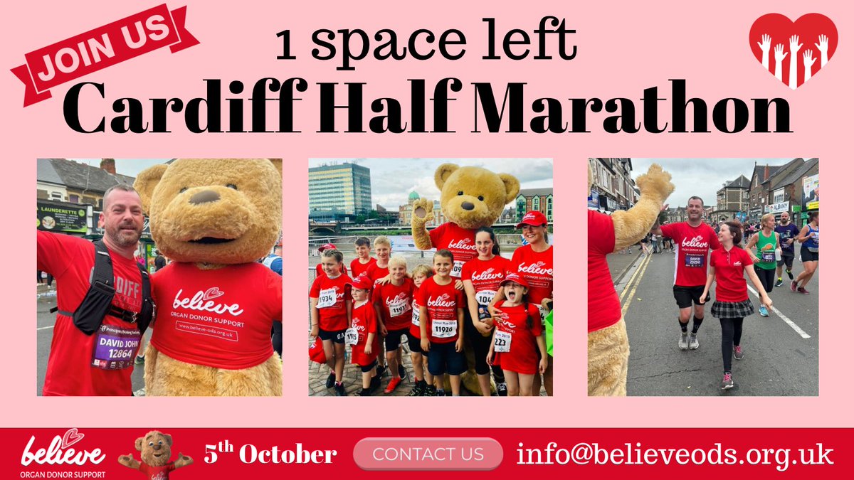 Believe Organ Donor Support (@believe_ods) on Twitter photo Only 1 space left!🏃
Join #TeamBelieve at Cardiff Half Marathon!
Support organ donation awareness, make memories, & high-five our mascot at our annual cheering point.
Saturday 5th October
Email info@believeods.org.uk
#BelieveODS #OrganDonation #CardiffHalf #RunForCharity Only 1 space left!🏃
Join #TeamBelieve at Cardiff Half Marathon!
Support organ donation awareness, make memories, & high-five our mascot at our annual cheering point.
Saturday 5th October
Email info@believeods.org.uk
#BelieveODS #OrganDonation #CardiffHalf #RunForCharity
