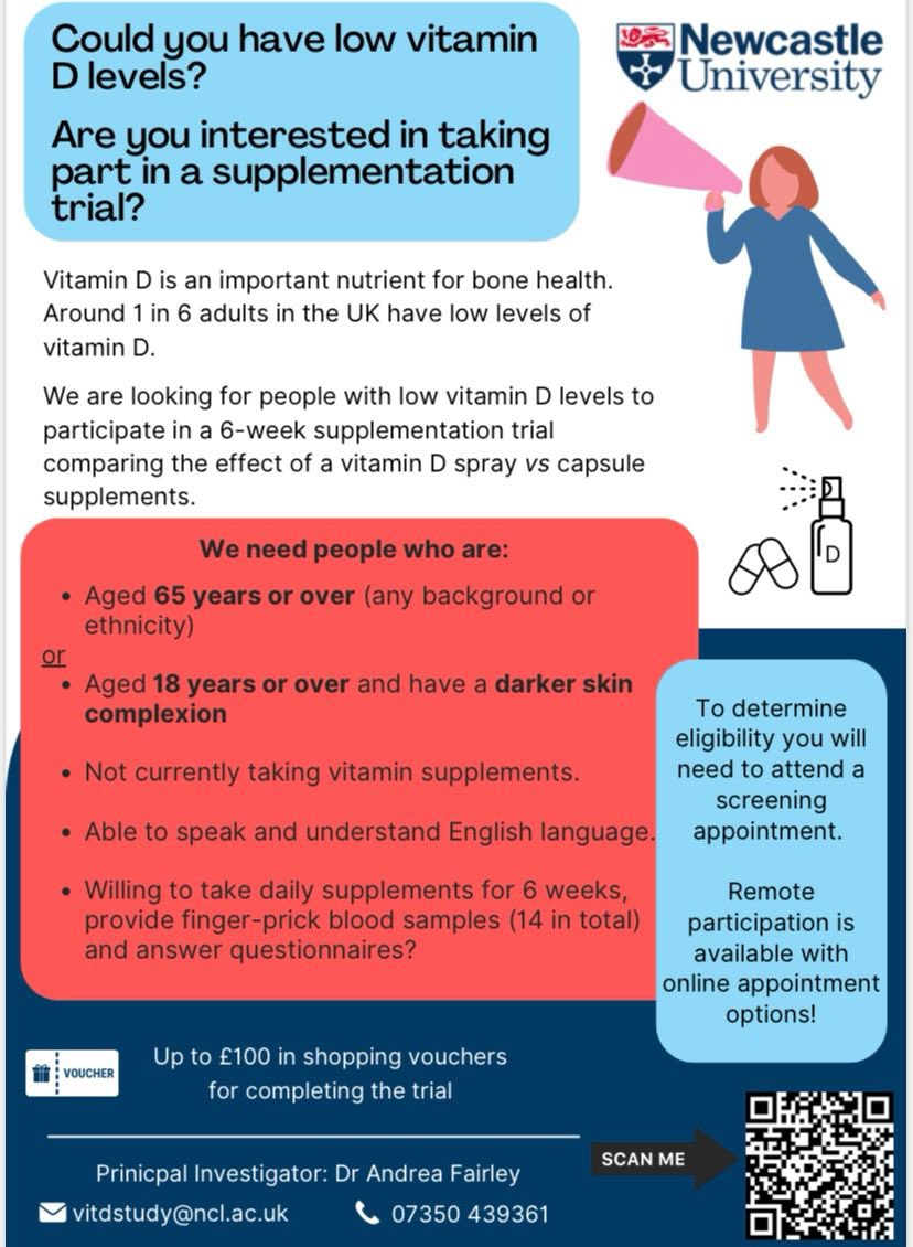 Dr Andrea Fairley (@afairley14) on Twitter photo Participants required for a Vitamin D supplementation study <a href="/UniofNewcastle/">Newcastle University</a>
Are you:
🌞Aged 65 years or more?
or
🌞Aged 18 years or more with a darker skin complexion?
Currently open to residents in the North of England and Scotland.
📧vitdstudy@ncl.ac.uk
📲 07350439361 Participants required for a Vitamin D supplementation study <a href="/UniofNewcastle/">Newcastle University</a>
Are you:
🌞Aged 65 years or more?
or
🌞Aged 18 years or more with a darker skin complexion?
Currently open to residents in the North of England and Scotland.
📧vitdstudy@ncl.ac.uk
📲 07350439361