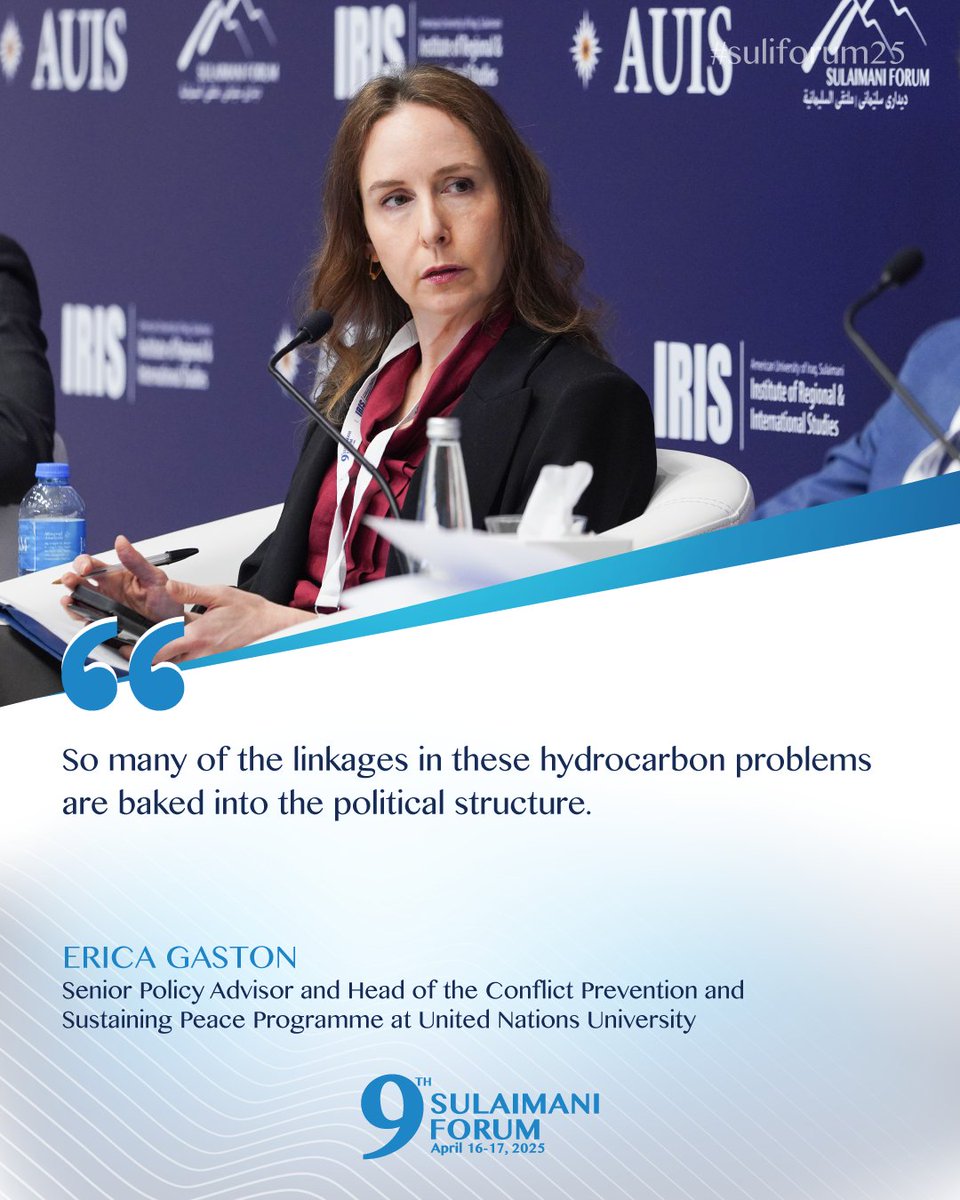 Dr. <a href="/ericagaston/">Erica Gaston</a>, Senior Policy Advisor and Head of the Conflict Prevention and Sustaining Peace Programme at <a href="/UNUCPR/">UN University Centre for Policy Research</a>, at the 9th #suliforum25.

#AUIS #IRIS #suliforum25