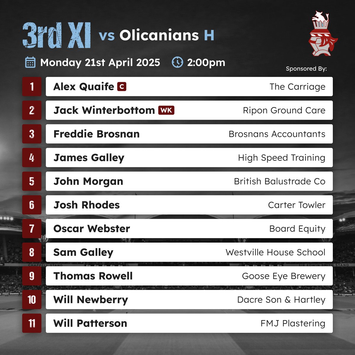 🚨 TEAMS ANNOUNCED 🚨CRICKET IS BACK! 🏏

Saturday 19 April - 12:30pm
1st XI vs New Rover (A)
2nd XI vs North Leeds (H)

Monday 21 April - 2:00pm
3rd XI vs Olicanians (H)

SIGN UP FOR FANTASY CRICKET 2025:
ilkley.fantasyclubcricket.co.uk