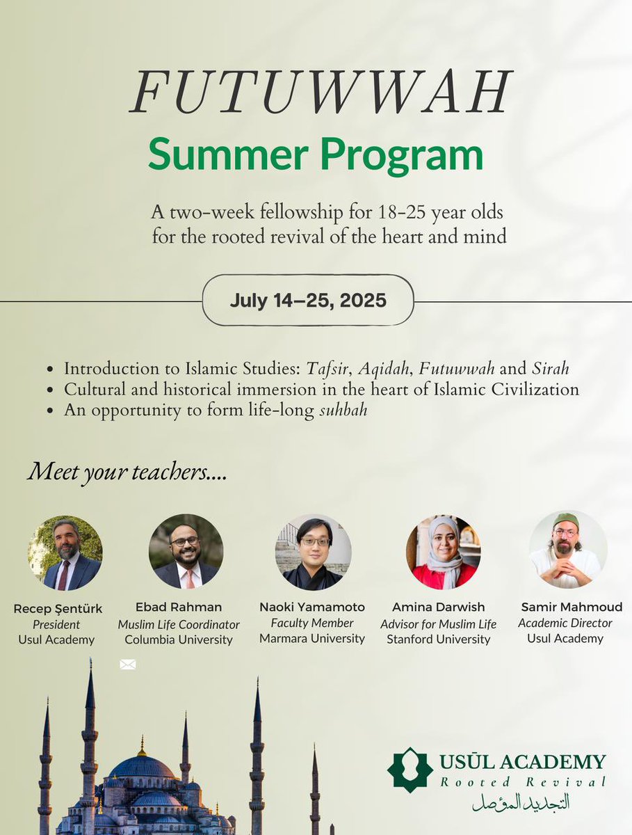 Are you a college student looking for an enriching summer program with like-minded Muslim youth? Apply to our Futuwwah Program, where we introduce students to a selection of Islamic texts while touring cultural sites around Istanbul

usul.academy/futuwwah-progr…