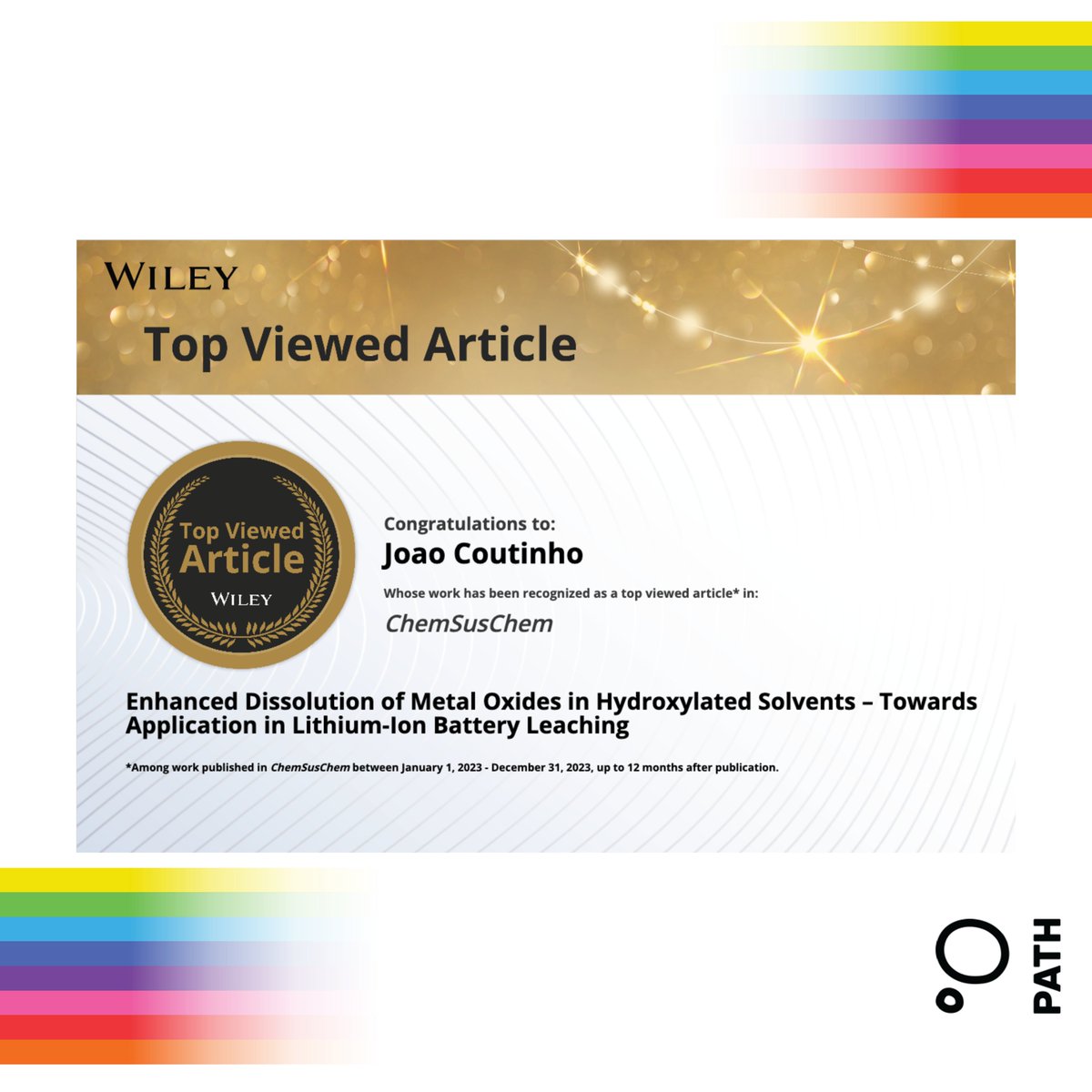 We're proud to share that our recent article "Enhanced Dissolution of Metal Oxides in Hydroxylated Solvents - Towards Application in Lithium-Ion Battery Leaching" has been awarded Top Viewed Article of ChemSusChem 🏆

Please check the article here:
doi.org/10.1002/cssc.2…