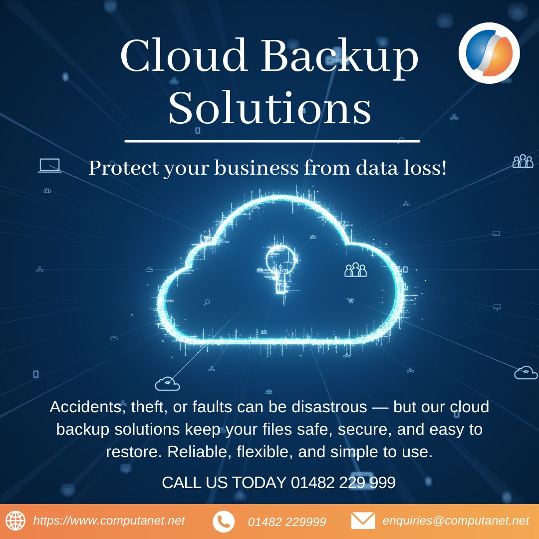 ComputanetMSP's tweet image. What would you do if your business lost all its data overnight? 😱
Don’t wait for disaster — back it up before it’s too late.
Our cloud backup keeps your files safe and ready to restore.
☎️ 01482 229 999 | 🔗 computanet.net
#TechSupport #CloudSolutions #DataBackup