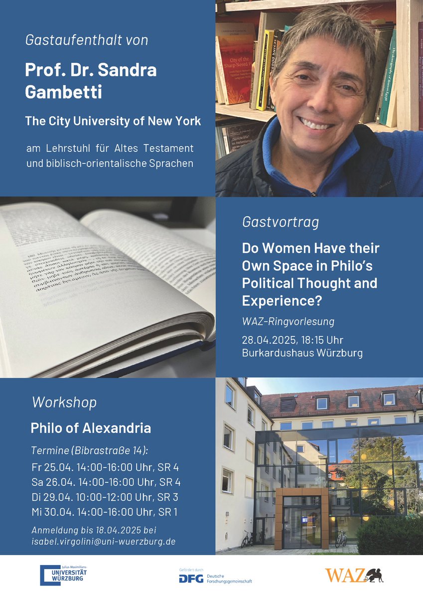 AlteGJMU's tweet photo. Nach Ostern wird Sandra Gambetti (New York) nach Würzburg kommen. Sie gibt einen Workshop zu jüdischem Leben in der griechisch-römischen Welt und hält einen Vortrag zu Philon von Alexandreia.
https://t.co/w1ChLyure6 https://t.co/MzBLfVFIni