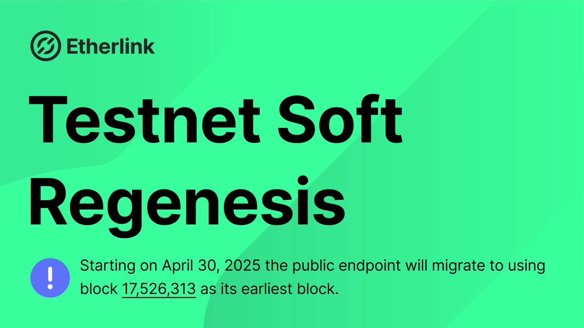 Etherlink Testnet is undergoing a soft regenesis on April 30, 2025 🧪

For a better UX and reliability, the public endpoint will adopt block 17,526,313 as the new starting point.

Find out more 🔽
medium.com/p/etherlink-te…