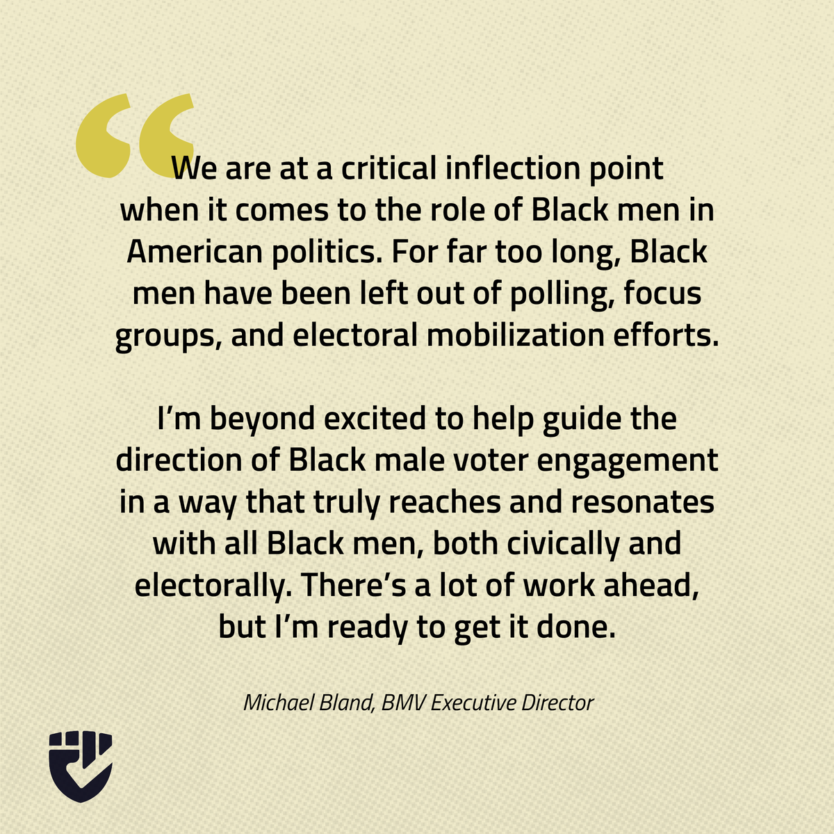 Welcome our new Executive Director, Michael Bland! 🎉 <a href="/Politico_Bland/">Mike Bland</a>

We couldn’t be more thrilled to have his leadership as we continue to empower and mobilize Black men across the nation. 

#blackmenvote ✊🏾