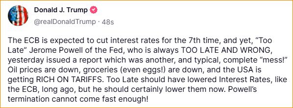 Osint613's tweet photo. Trump says, Fed Chair “Powell’s termination cannot come fast enough!” https://t.co/ZWAYYyxFmH