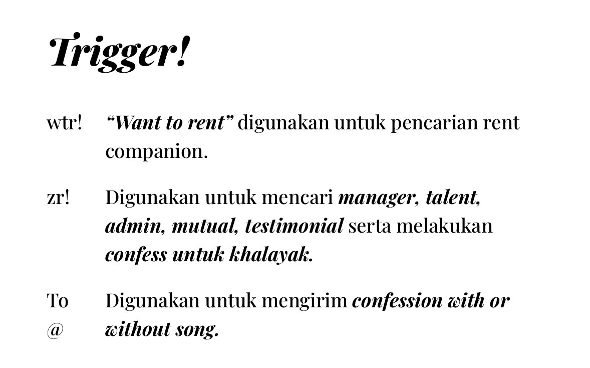 zonarent's tweet image. PENGUMUMAN 

Mulai hari ini autobase kembali beroperasi dengan rules sebagai berikut: zonarent.carrd.co pastikan kamu mematuhi rules saat mengirim menfess. 

Kirim menfess melalui link: minbat.co/zonarent

Harap gunakan trigger yang sesuai, please enjoy the fitur!