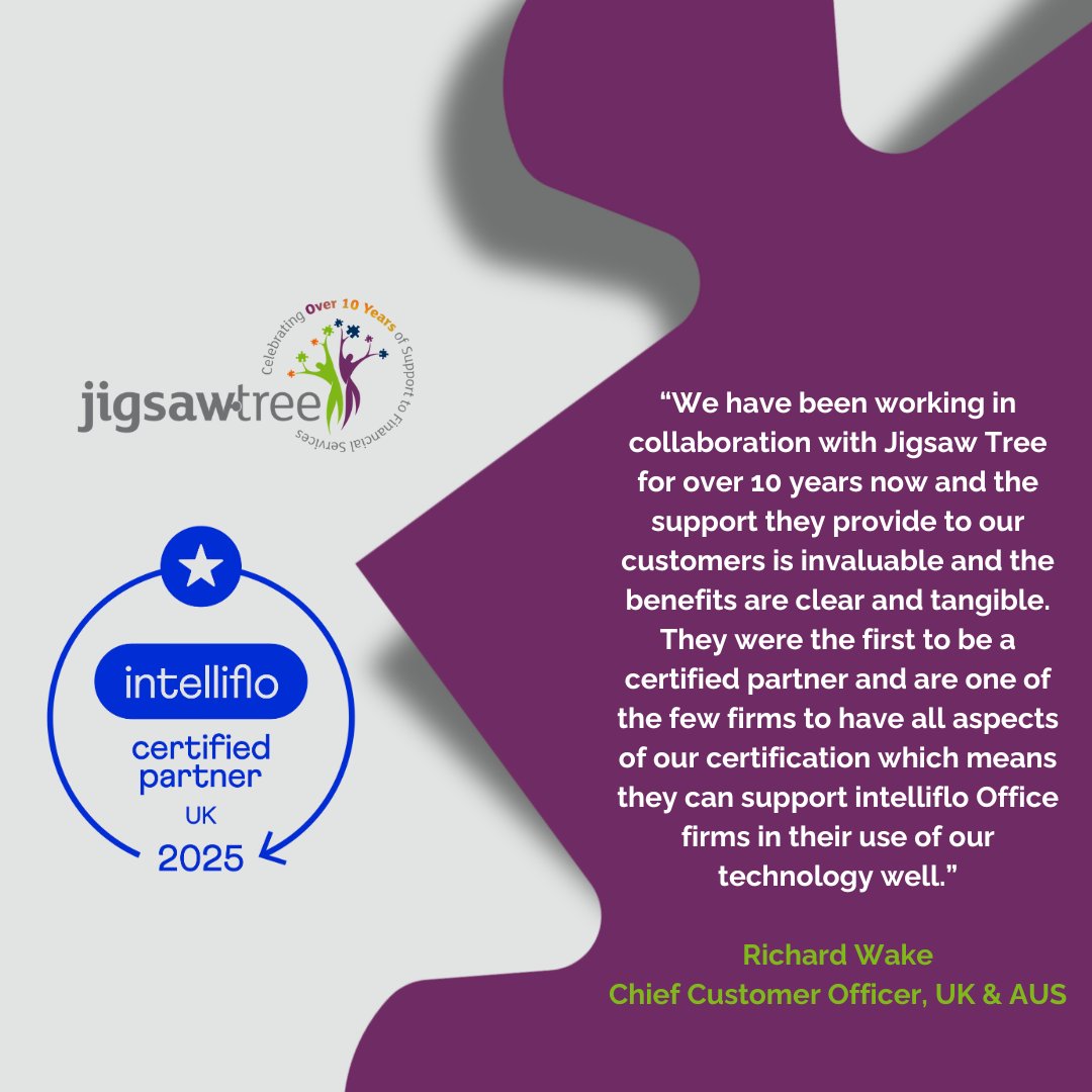 JigsawTree's tweet image. We&apos;re thrilled to share our certification with Intelliflo Office (iO)!

This comprehensive certification means that financial advice firms can trust us to know iO inside and out. 

#Collaboration #FinTech #JigsawTree #Intelliflo #FinancialAdvisors