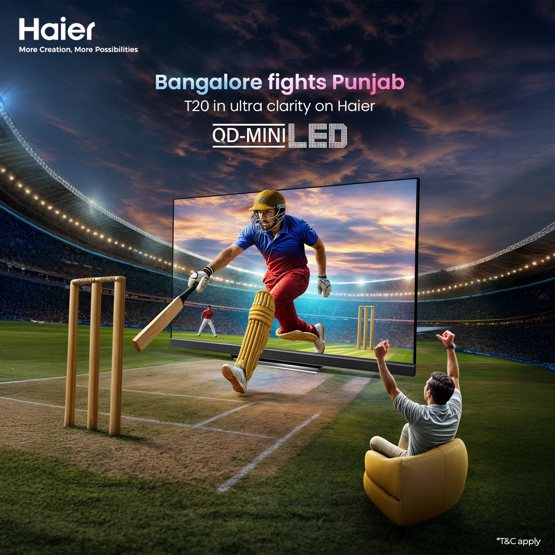 IndiaHaier's tweet photo. When the battle for supremacy gets this close, even the boundary line blurs.
From living room roars to last-ball chases - T20 comes alive in ultra clarity on #Haier TVs.

Swipe to answer the question and win* big!

*T&amp;C Apply

#MoreCreationMorePossibilities #IPL2025 #QDMiniLED https://t.co/H2q0C1oXac
