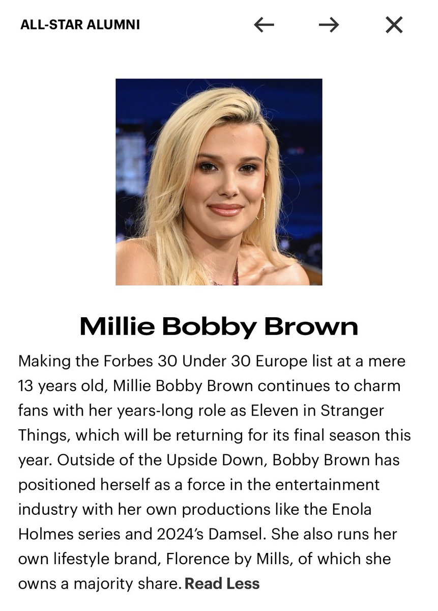 milliebbrownbrs's tweet photo. NOTÍCIAS 🗞️ Após revelação da lista da @Forbes 30 Under 30, Millie Bobby Brown aparece na categoria “All-Star Alumni” no ramo de Entretenimento, cuja aponta nomes de menores de 30 anos que se destacam na área e são potenciais para a próxima lista 🌟 Millie Bobby Brown já fez parte da lista da Forbes quando tinha apenas 13 anos (2018).

O nome de Millie foi citado juntamente com o de Daisy Edgar Jones e Raye.