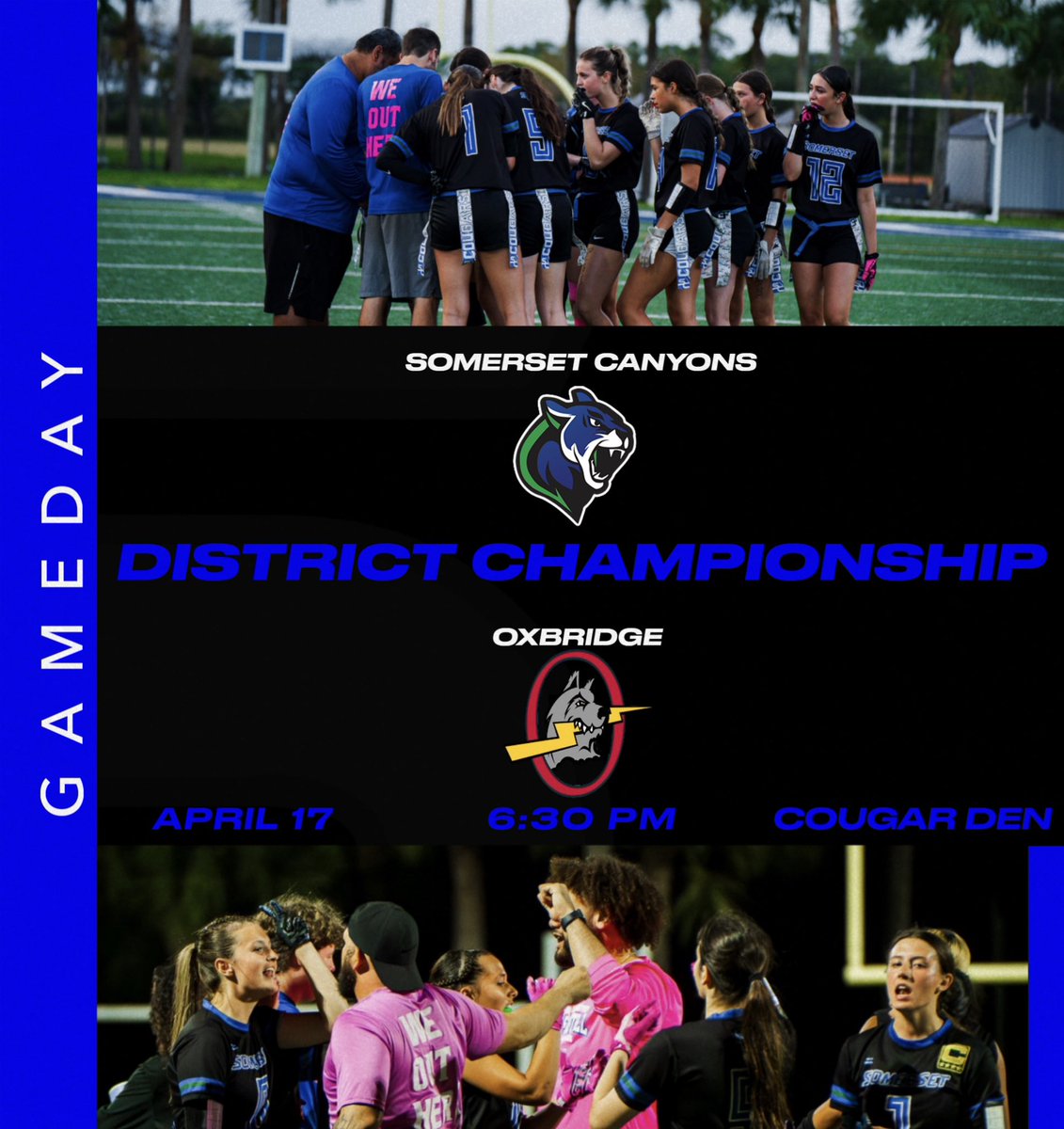 Somerset Cougars Girls Flag Football (@cougarsflag) on Twitter photo 🏈GAMEDAY🏈
DISTRICT CHAMPIONSHIP 🏆
🗓️ APRIL 17
📍 COUGAR DEN
⏰ VARSITY @ 6:30 PM
#weouthere #family
<a href="/CoachTinsley_SC/">Greg Tinsley</a> <a href="/CoachNickSC/">CoachNickSC</a> <a href="/CoachQuincySC/">John Quinto</a> <a href="/Coach_Sime81/">Coach Sime</a> 🏈GAMEDAY🏈
DISTRICT CHAMPIONSHIP 🏆
🗓️ APRIL 17
📍 COUGAR DEN
⏰ VARSITY @ 6:30 PM
#weouthere #family
<a href="/CoachTinsley_SC/">Greg Tinsley</a> <a href="/CoachNickSC/">CoachNickSC</a> <a href="/CoachQuincySC/">John Quinto</a> <a href="/Coach_Sime81/">Coach Sime</a>