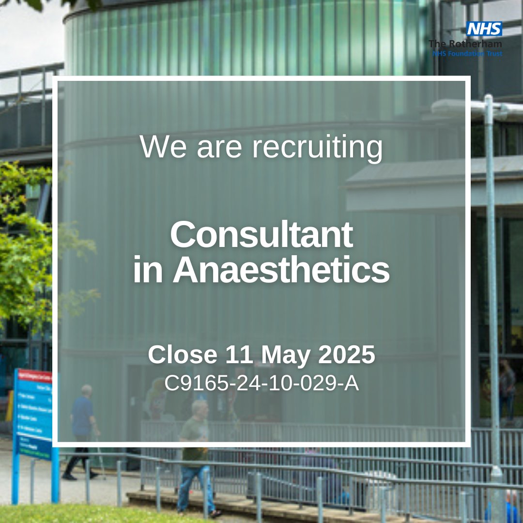 We're hiring a Consultant in Anaesthetics.
To learn more and apply, visit:
jobs.nhs.uk/candidate/joba…
For more updates like this, follow➡️ <a href="/TRFTJobs/">The Rotherham NHS FT | We're hiring!</a>
#TRFT #ApplyNow