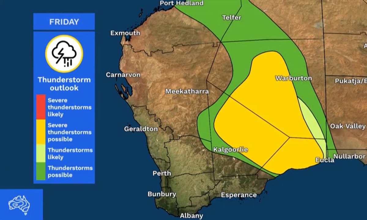 weather_wa's tweet image. Storm Forecast For Friday ⛈️ #Eucla #Goldfields #Pilbara #Wheatbelt #WesternAustralia