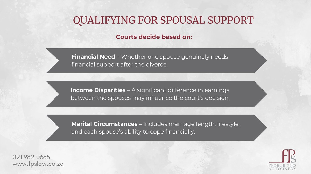 FPSAttorneys's tweet image. 💰 Qualifying for Spousal Support

Spousal maintenance isn’t automatic or gender-based. 

It depends on:
✔️ Financial need
✔️ Income gaps
✔️ Marital circumstances

FPS Attorneys can help you understand your rights.

🔗 fpslaw.co.za

#SpousalSupport #FPSAttorneys