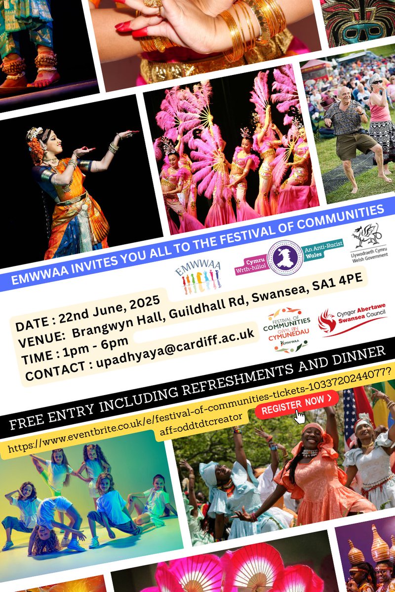 Emwwaa invites you all to this amazing COMMUNITY COHESION EVENT on the 22nd June at Brangwyn Hall, Guildhall Rd, Swansea

Join us to celebrate our cultures and unite our communities through music, dance, health, food and networking. 

Register now:
eventbrite.co.uk/e/festival-of-…
