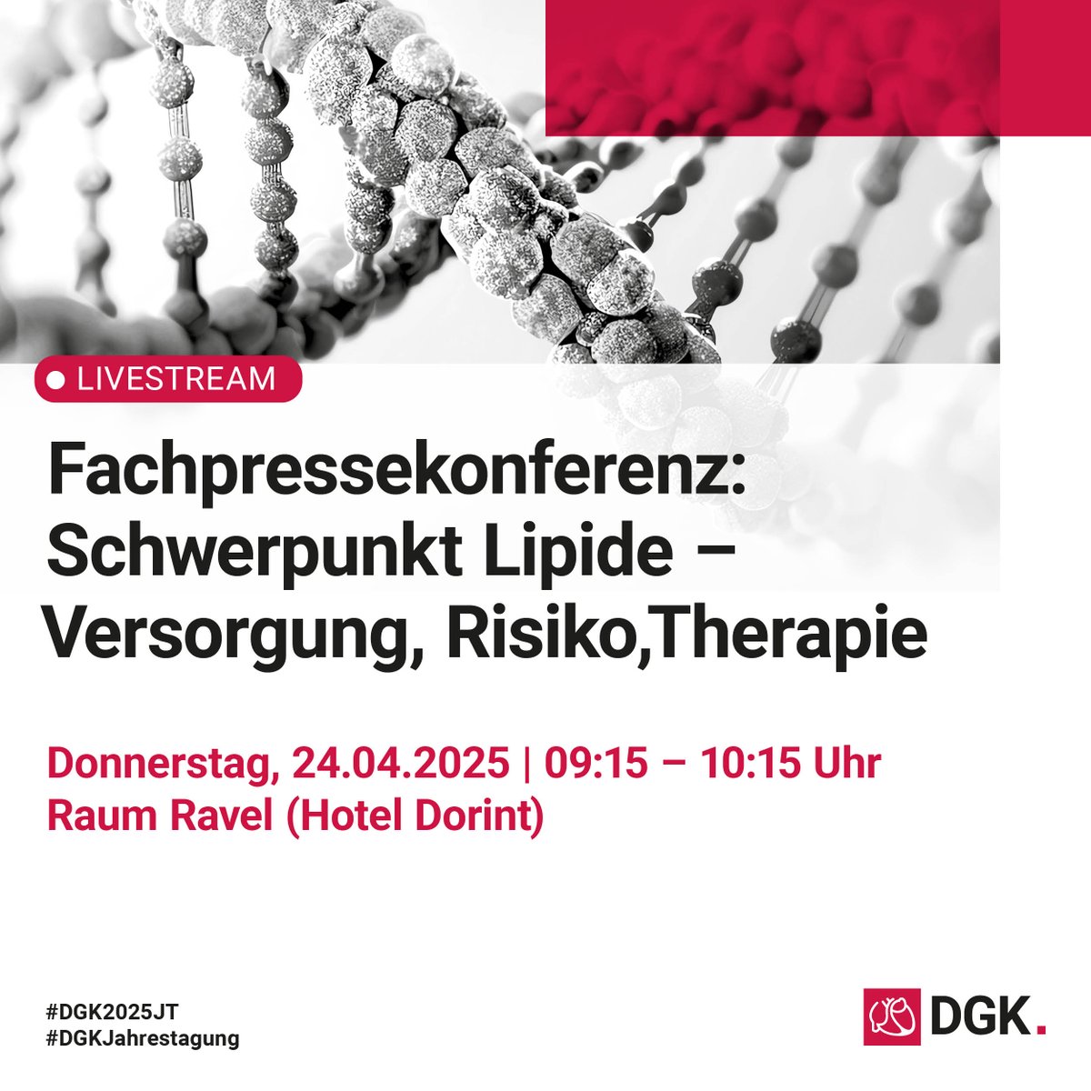 In einer Stunde findet unsere #Fachpressekonferenz der #DGKJahrestagung statt.
📝 Thema: "Schwerpunkt Lipide – Versorgung, Risiko, Therapie"
📆 09:15 – 10:15 Uhr
📍 Raum Ravel
📽️ Livestream: dgk.meta-dcr.com/jt2025/channel…
#DGK #DGK2025JT #Kardiologie