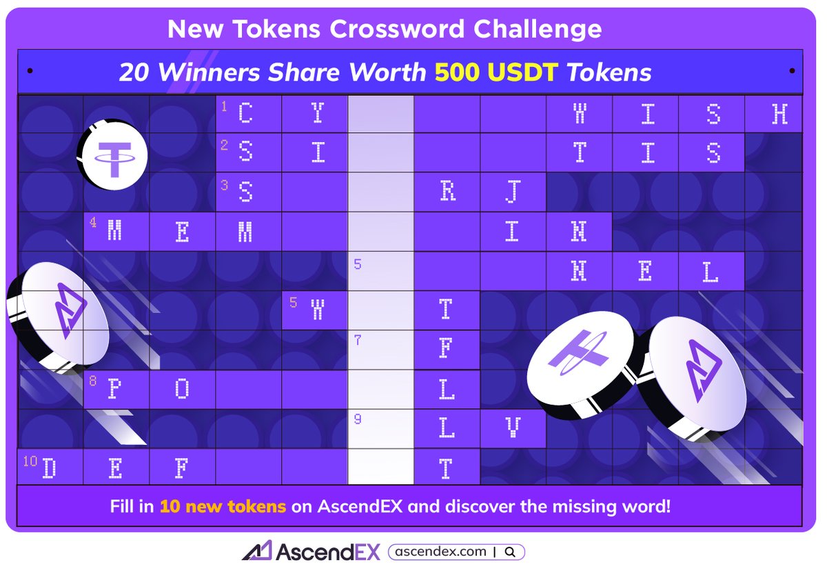 AscendEX_'s tweet photo. 🎉 New Tokens Crossword Challenge 🎉

🔍 Think you’ve got a knack for puzzles? We’re challenging you to fill in 10 new tokens on AscendEX and discover the missing word! Test your crypto knowledge and win amazing rewards! 🚀

📅 Event Duration: 04/17/2025 - 04/24/2025

✨ How to Participate:
1️⃣ Follow @AscendEX_
2️⃣ Fill in 10 new tokens on AscendEX and discover the missing word — share your answers in the comments below
3️⃣ Tag 3 friends, like, and retweet with the hashtags #AscendEX
4️⃣ Fill out the form: https://t.co/smY9mo7xRW

🎁 Rewards: 20 lucky winners will share 500 USDT worth of tokens!

🏆 Rewards will be sent to your AscendEX account. Don’t have one? Sign up here 👉 https://t.co/9v7UCefPjO to claim your prize! 🎉

💡 Think you’ve got what it takes? Join the challenge and unlock the chance to win exciting rewards! 💰

#AscendEX #Crypto #Crossword #Giveaway
