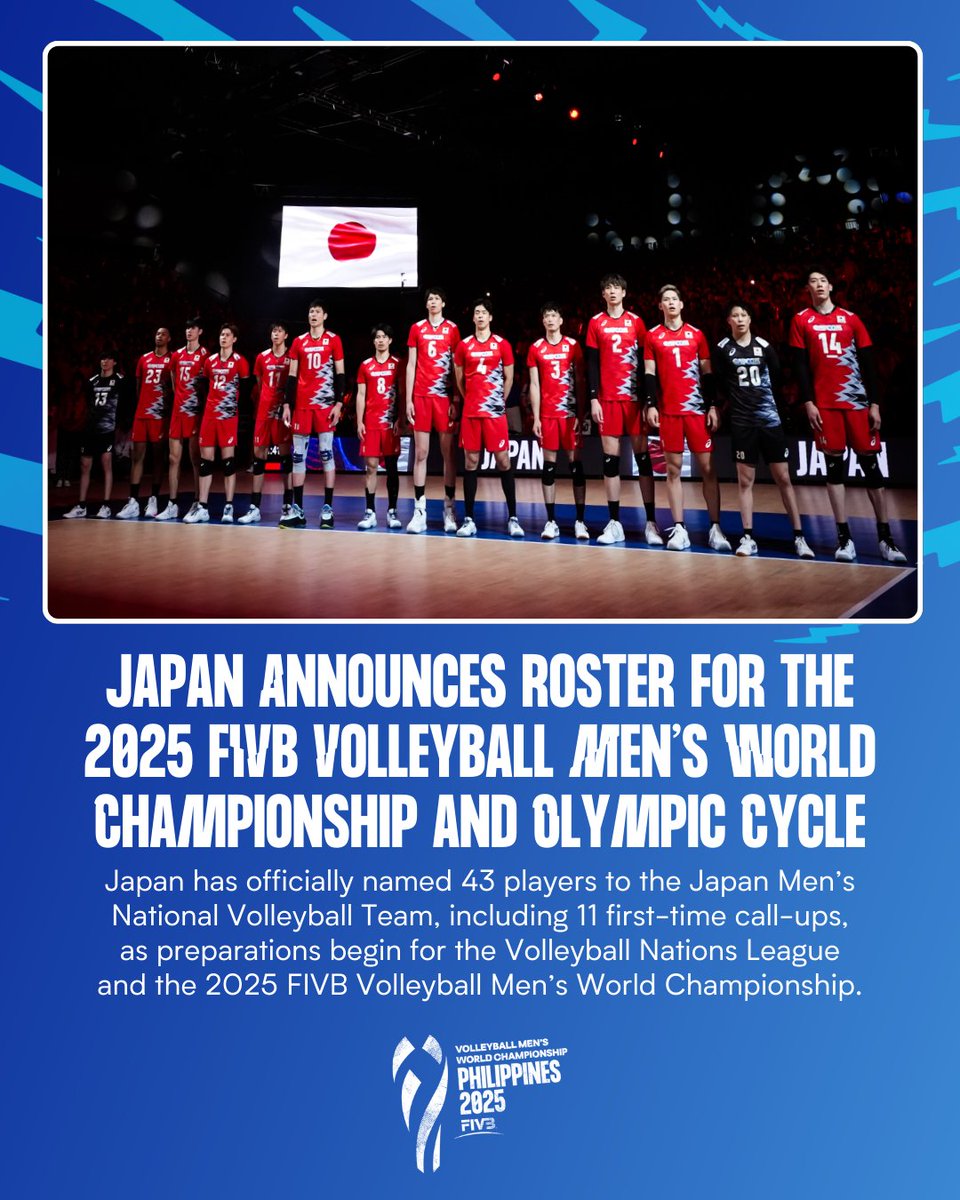 Japan is locked in for 2025. 🇯🇵🏐

Japan names 43 players, including 11 first-timers, to the national team ahead of the VNL and the 2025 FIVB Volleyball Men’s World Championship.

See them LIVE in the 🇵🇭 this Sept 12–28!

🎟️ Get your passes: philippineswch2025.com/about/tickets