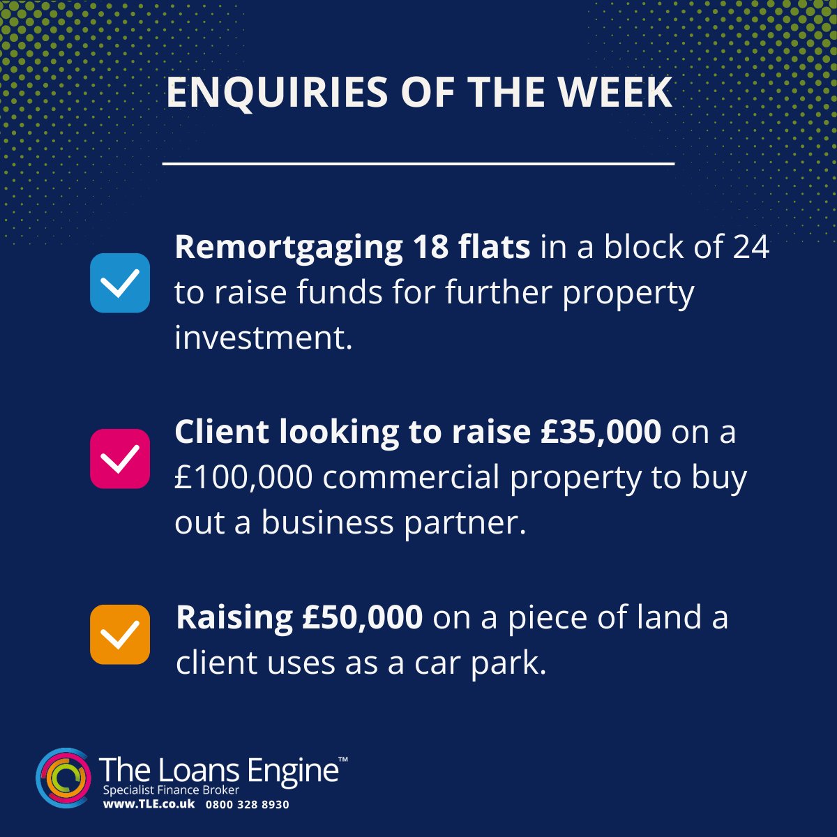 Here’s a look at some of the cases we've seen this week:

✅Remortgaging 18 flats in a block of 24 to unlock funds for property investment.
✅Raising £35,000 on a commercial property to buy out a business partner.
✅Raising £50,000 on a plot of land a client uses as a car park.