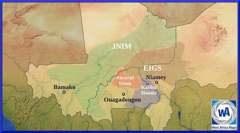 WamapsENG's tweet photo. 🔴Territorial advance of terrorist groups in #Mali 🇲🇱, #Burkina_Faso 🇧🇫, #Niger 🇳🇪 and Gulf of Guinea countries.

➡️ Since 2012, the Sahel has been caught up in a cycle of jihadist violence that has caused the deaths of tens of thousands of people and whose perpetrators are terrorist groups that spread out over part of the #Sahel's territory.

➡️ Initially limited to Mali, this violence has gradually spread to Burkina Faso and Niger, and now poses a threat to the coastal countries of West Africa.

➡️ Using data from 🖥️ @acled
, we can visualise their territorial progression between 2017 and the end of 2024 in Mali, Niger and Burkina Faso.

An opportunity to redefine these groups with a focus on one of them whose hegemony has grown steadily since the end of 2023, in the south-east of Burkina Faso, the #Katiba_Hanifa.

#THREAD 1/4