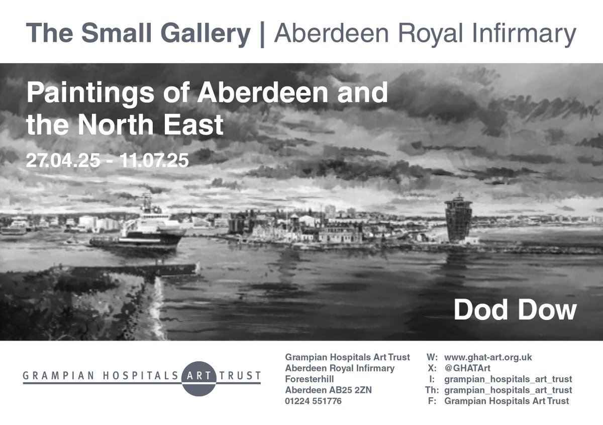 GHATArt's tweet image. Coming soon!
The new exhibiton in The Small Gallery is by local artist Dod Dow. He will showing a selection of paintings of Aberdeen on and the North East.
Exhibition is open from Sunday 27th April.
#GHAT40 #art #exhibition #TheSmallGalleryARI #wellbeing #artinhealthcare